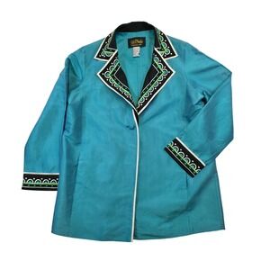 Bob Mackie Wearable Art Silk Blazer Jacket S Turquoise Embroidered Asian Retro